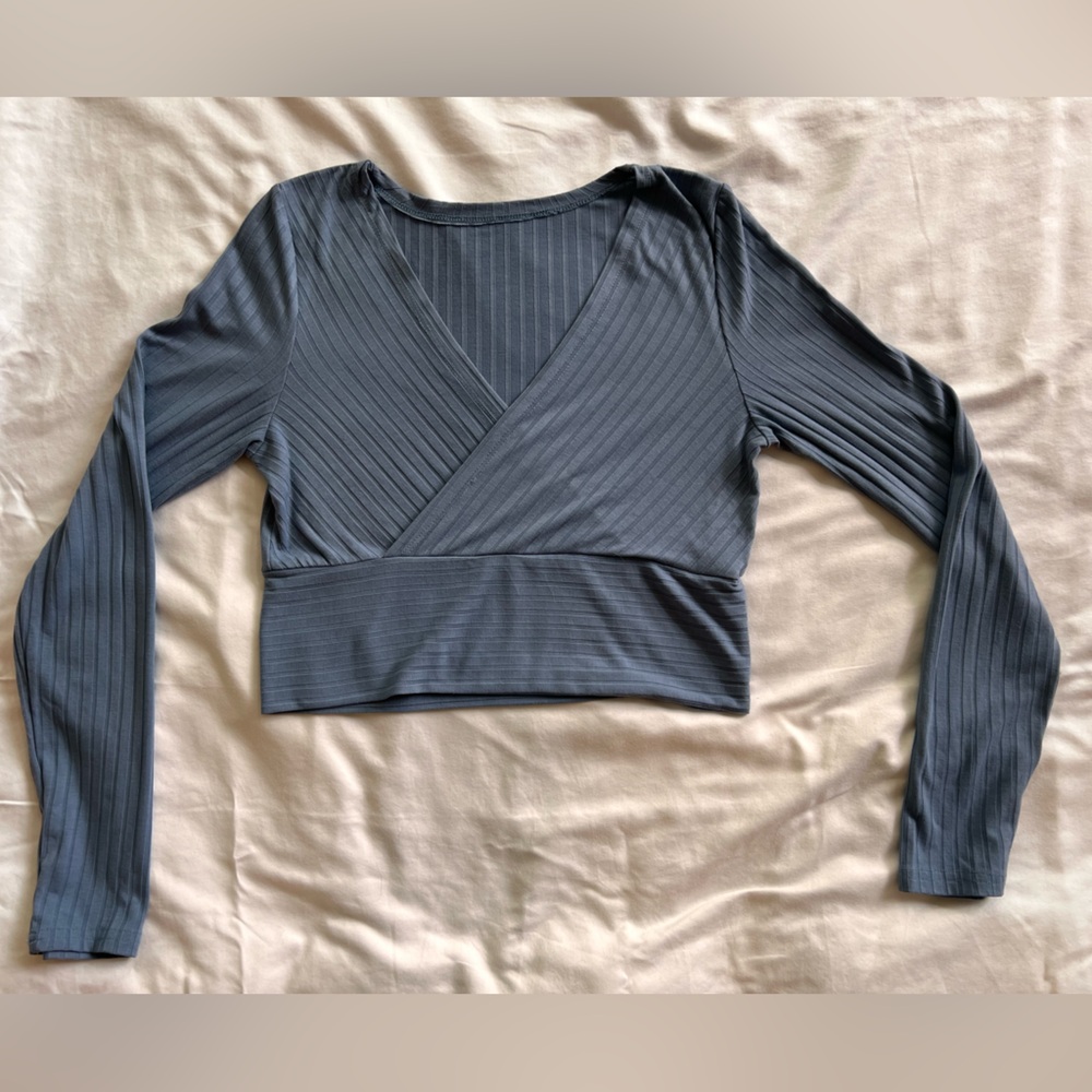 Ribbed Long-Sleeve Crop Top - Slate Blue